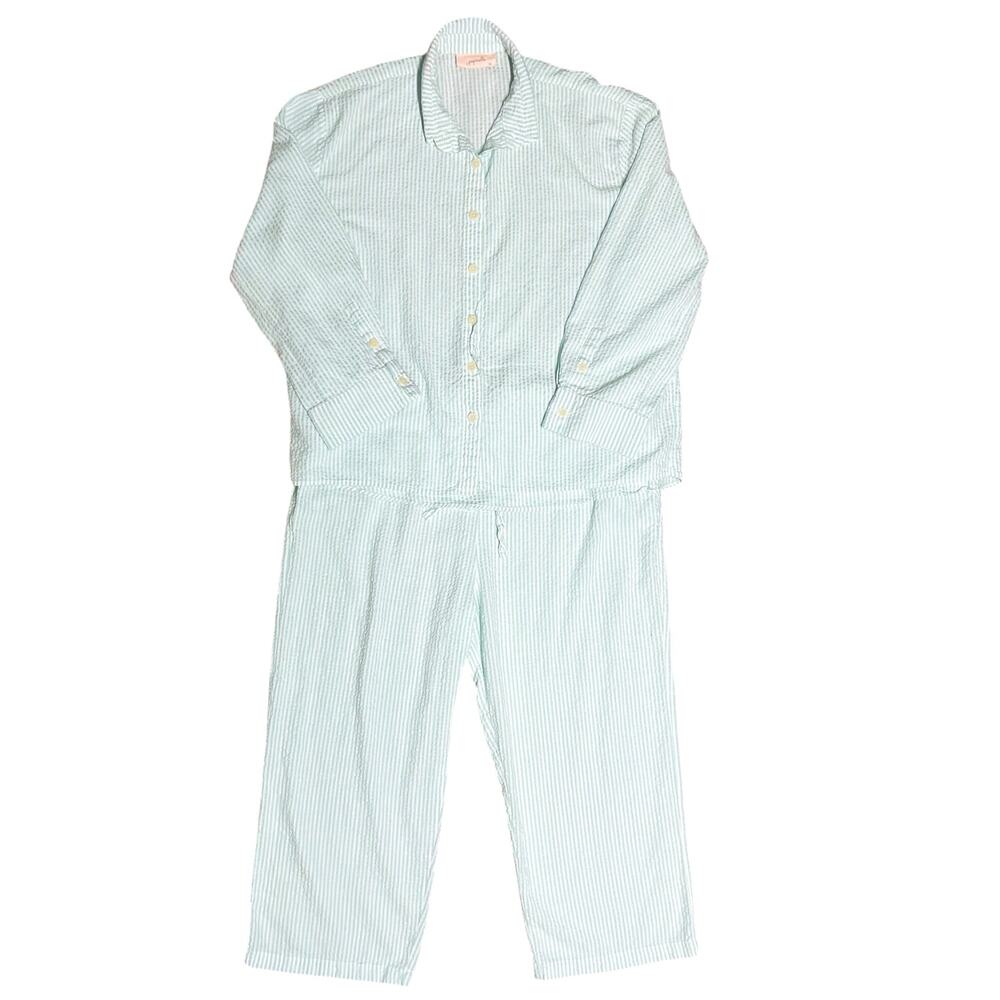 PAPINELLE Sabine Seersucker Stripe Lightweight Pajama Set Size XL White Teal